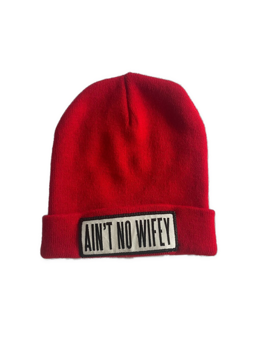 Dimepiece Red Cuffed Knit Beanie with "AIN'T NO WIFEY" Patch
